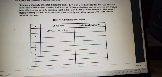 1. Generate a reactivity series for the metals tested. E° = 0.34 V for the copper half-cell. Use this value to calculate Eº f