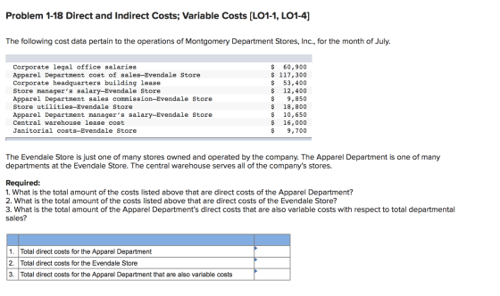 Problem 1-18 Direct and Indirect Costs; Variable Costs [L01-1, LO1-4] The following cost data pertain to the operations of Mo