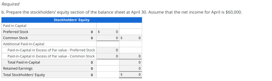 Required b. Prepare the stockholders equity section of the balance sheet at April 30. Assume that the net income for April i
