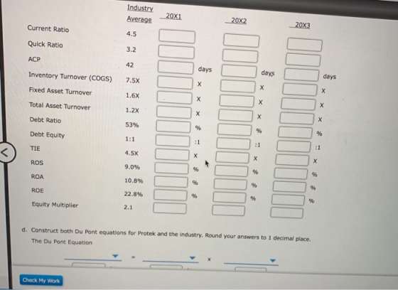 Industry 20X1 20X2 20X3 Average Current Ratio 4.5 Quick Ratio 3.2 ACP 42 days days days Inventory Turnover (COGS) 7.5X Fixed