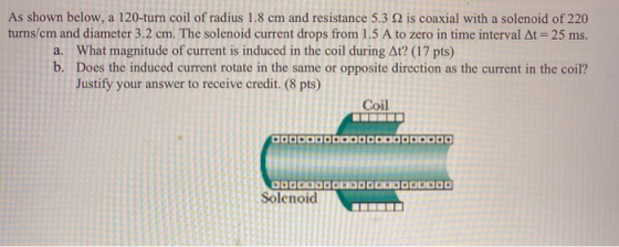 As shown below, a 120-turn coil of radius 1.8 cm and resistance 5.3 2 is coaxial with a solenoid of 220 turns/cm and diameter