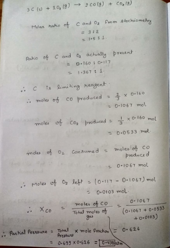 3C(s) + 20, 19) — 9 CO(g) + CO2(8) from stochiometry olar ratio of cand Og = 3:2 105:1 present Ratio of C and = = Og actually