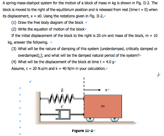 A spring-mass-dashpot system for the motion of a block of mass m kg is shown in Fig. II-2. The block is moved to the right of