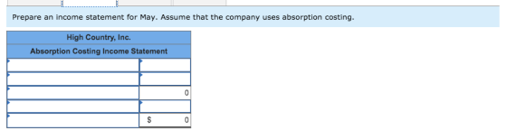Prepare an income statement for May. Assume that the company uses absorption costing. High Country, Inc. Absorption Costing I