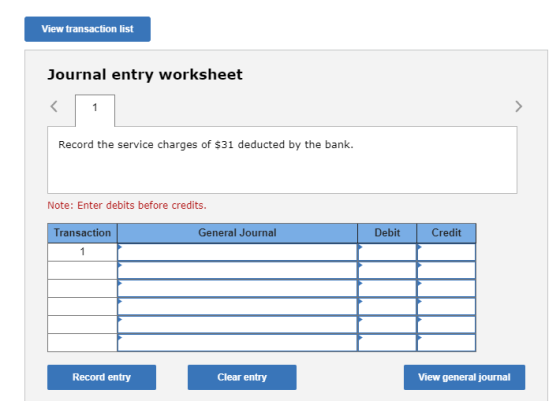 View transaction list Journal entry worksheet Record the service charges of $31 deducted by the bank. Note: Enter debits befo
