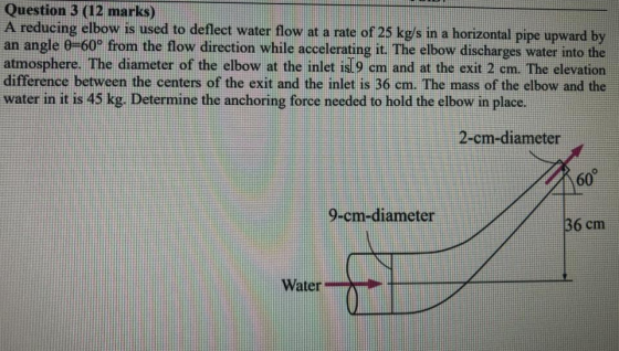 Question 3 (12 marks) A reducing elbow is used to deflect water flow at a rate of 25 kg/s in a horizontal pipe upward by an a