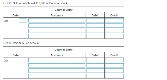 Oct 15: Sold an additional $10,000 of Common stock. Journal Entry Date Accounts Debit Credit Oct Oct 19: Paid $350 on account