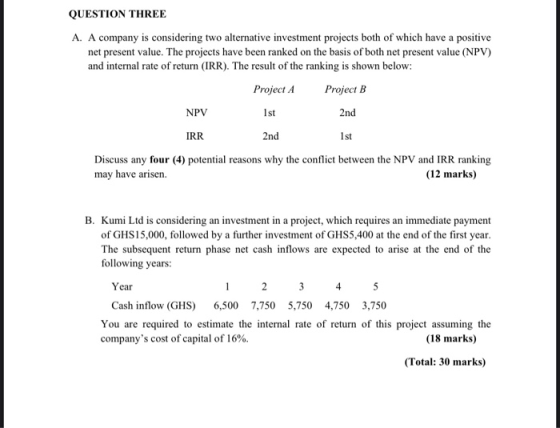 QUESTION THREE A. A company is considering two alternative investment projects both of which have a positive net present valu