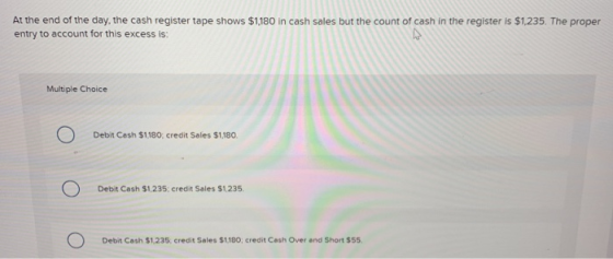 At the end of the day, the cash register tape shows $1,180 in cash sales but the count of cash in the register is $1,235. The