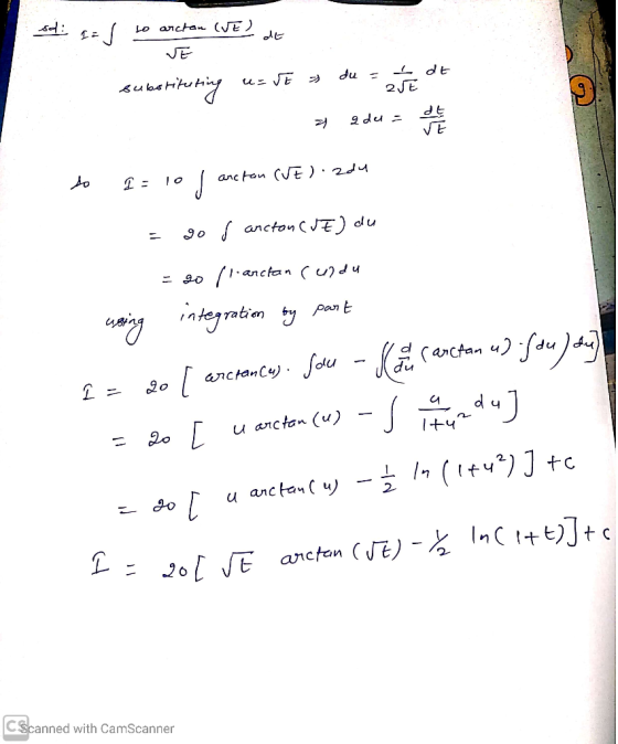 sd god to arctan (UE) dt VE du - I dt u=5E » substituting 2JE a de db VE so La lo J arctan (UE).adu god arctan (UE) du rundu