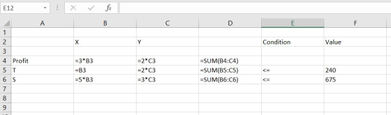 E12 : X A B с F 1 х Y Condition Value 2 3 4. Profit =3*B3 =B3 5 T =2*C3 =2* C3 =3*C3 =SUM(B4:04) =SUM(B5:C5) =SUM(B6:06) 240