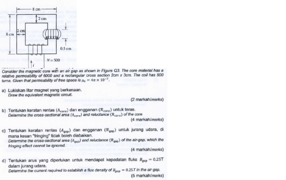 - 8 cm 8 cm 0.5 cm N=500 Consider the magnetic core with an air gap as shown in Figure Q3. The core material has a relative p