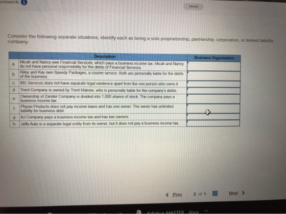 mework 1 Consider the following separate situations, identify each as being a sole proprietorship, partnership, corporation,