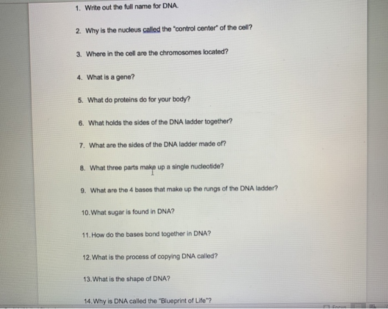 1. Write out the full name for DNA. 2. Why is the nucleus called the control center of the cell? 3. Where in the cell are t