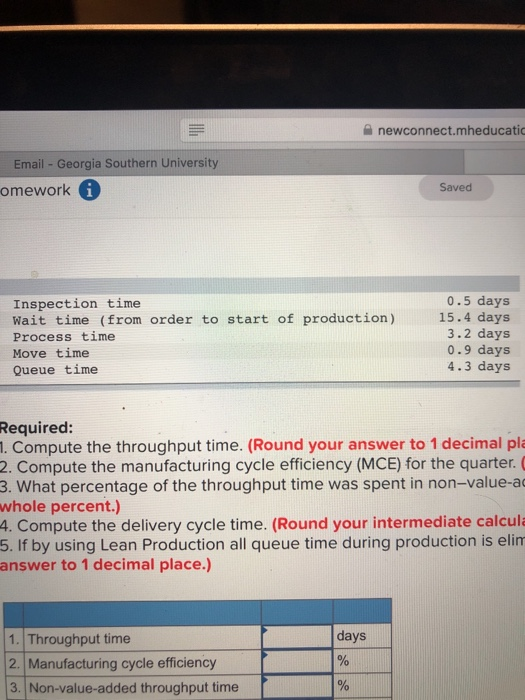 newconnect.mheducatio Email - Georgia Southern University omework i Saved Inspection time Wait time (from order to start of p