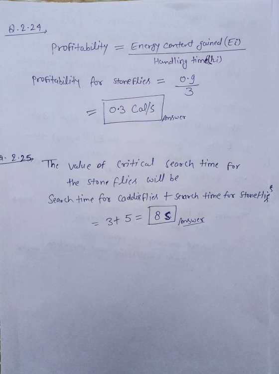2.2.24, profitability = Energy content gained (Ei) Handling time his 0.9 profitability for Stoneflies = 3 0:3 Calls answer 22