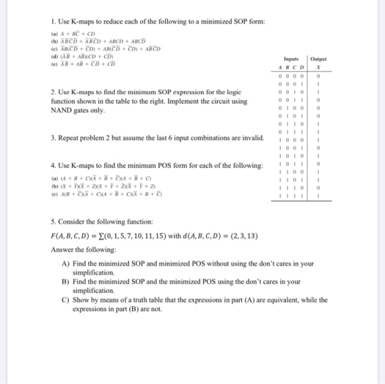 1. Use K-maps to reduce each of the following to a minimized SOP form: (a) A + BC + CD (b) ABCD + ABCD + ABCD + ABCD (c) ABCD
