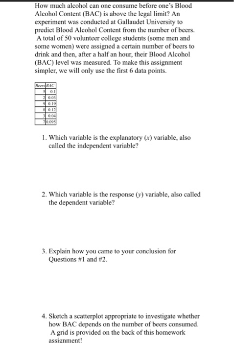 How much alcohol can one consume before ones Blood Alcohol Content (BAC) is above the legal limit? An experiment was conduct