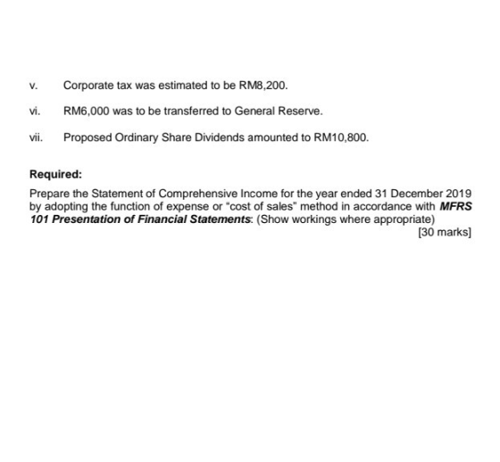 V. Corporate tax was estimated to be RM8,200. vi. RM6,000 was to be transferred to General Reserve. vii. Proposed Ordinary Sh