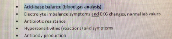 Acid-base balance (blood gas analysis) Electrolyte imbalance symptoms and EKG changes, normal lab values .Antibiotic resistan