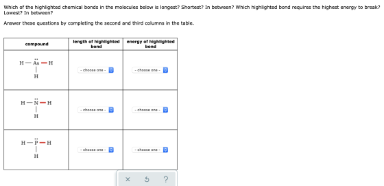 Which of the highlighted chemical bonds in the molecules below is longest? Shortest? In between? Which highlighted bond requi