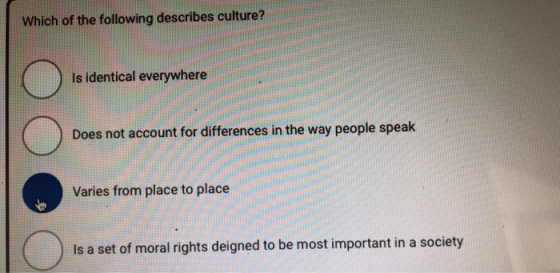 Which of the following describes culture? Is identical everywhere Does not account for differences in the way people speak Va