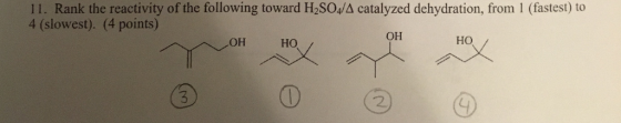 l 1. Rank the reactivity of the following toward H2SO4/A catalyzed dehydration, from l (fastest) to 4 (slowest). (4 points) OH HO OH HO 2