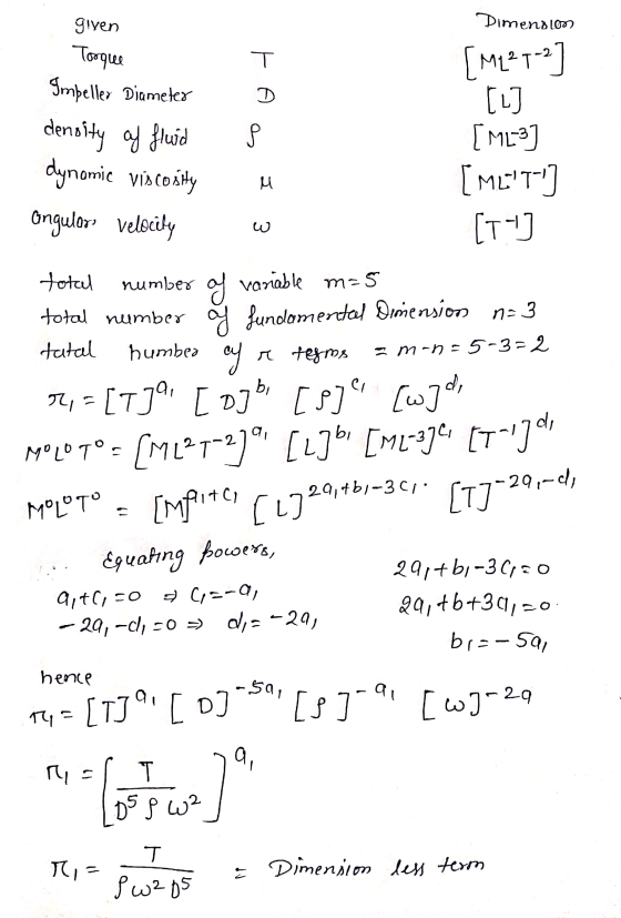 Dimension T D given Torque Impeller Diameter density of fluid dynomie viscosity angular velocity a u [M127-2] [L] [ML] [MLT