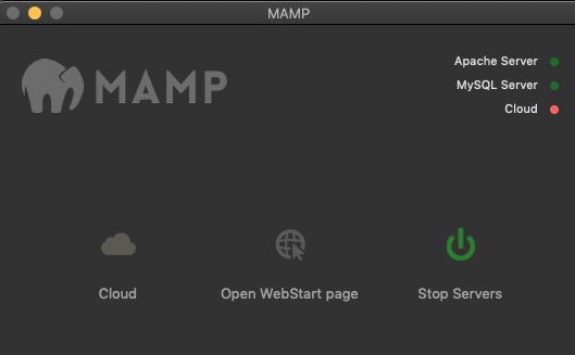 MAMP DO MAMP Apache Server MySQL Server Cloud . Cloud Open WebStart page Stop Servers