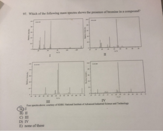 97. Which of the following mass spectra shows the presence of bromine in a compound? 10 1 la 0 0 0 vill 1 0 0 ) 105 5 IV III