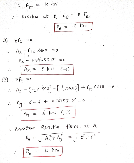 10 kn FBC Reaction at B, RB = FBC Kg lo KN (2) ЕҒх is Ax-FBc sine =0 Ax losin 53.13 =0 is Ax = 8 kN (A) (3) Efy :: Ay -[x4x3]