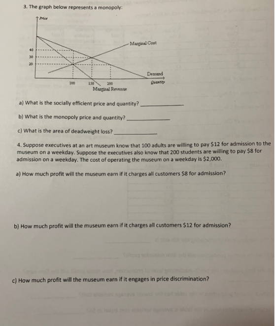 3. The graph below represents a monopoly: Price Marginal Cost 40 - 30 20 Demand 00 150200 Quontity Marginal Revense a) What i