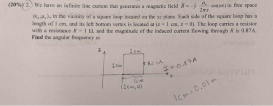 (20% 2.) we have an infinite line current that generates a magnetic field-y sin(a)in free space 2 rx (e, ), in the vicinity o