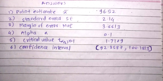 Answers o point estimate 2) standard. essor SE 3) Margin of exoor MOE 4) Alpha 5) critical value tannh 6) confidence interval