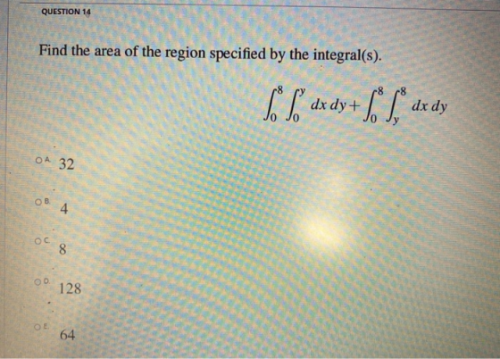 QUESTION 14 Find the area of the region specified by the integral(s). Sol dxdy+ [*L* dx dx dy OA 32 OB 4 oc 8 OD 128 OE 64