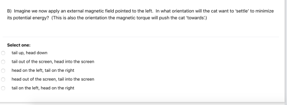 B) Imagine we now apply an external magnetic field pointed to the left. In what orientation will the cat want to settle to
