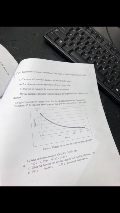 the frequency of the tuning fock whischs of bhsBil A) The observed resonance positions will baesva B) The observed resonance pesinions will have ala C) There is no change is the observed nesane oitn B) The resonance positions will oely change if the semprstan is the onur e changes 16. Figure below discharging cor.Choosing te Exponential fit option in Excel: ywymax) gives the ted: tram uns srIs shows voltage versus time for dcingpacto Figure: Voage versus time for B) When the the capacitor will discharge to 36.8 % ofis value. (5) a) 300s b)200s c)50s d) none of them aret A) What is the time costant of this RC-Cit (5) ) 180s ) 120s90s iv) 60s