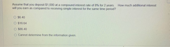 Assume that you deposit $1,000 at a compound interest rate of 8% for 2 years. How much additional interest will you earn as c