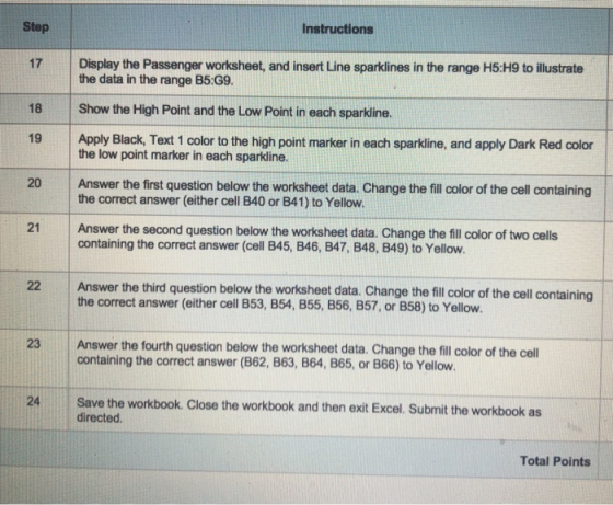 Instructions Step 17 Display the Passenger worksheet, and insert Line sparklines in the range H5:H9 to illustrate the data in