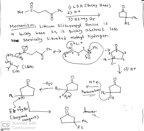Merca Ph EtMyy my AV Et DLDA [Bulky Base] - Ph 23 Ht 37 Et Mg Br. Mechanism, Lithium Di-isopropyl Amine is . a bulky base so,