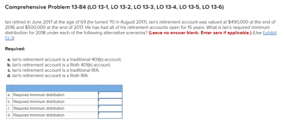 Comprehensive Problem 13-84 (LO 13-1, LO 13-2, LO 13-3, LO 13-4, LO 13-5, LO 13-6) lan retired in June 2017 at the age of 69 (he turned 70 in August 2017). lans retirement account was valued at $490,000 at the end of 2016 and $500,000 at the end of 2017. He has had all of his retirement accounts open for 15 years. What is lans required minimum distribution for 2018 under each of the following alternative scenarios? (Leave no answer blank. Enter zero if applicable.) (Use Exhibit 13-3) Required: a. lans retirement account is a traditional 401(k) account. b. lans retirement account is a Roth 401(k) account. c. lans retirement account is a traditional IRA. d. lans retirement account is a Roth IRA a. Required minimum distribution b. Required minimum distribution C. Required minimum distribution d. Required minimum distribution