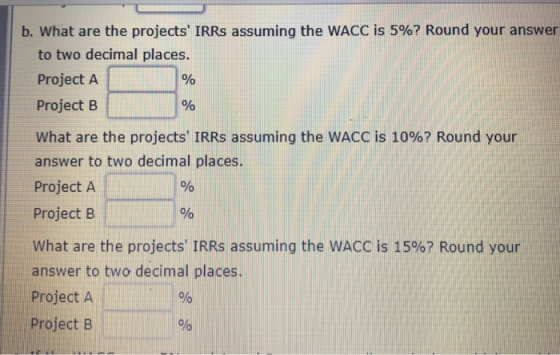 b. what are the projects IRRs assuming the WACC is 5%? Round your answer to two decimal places. Project A Project B what are the projects IRRs assuming the WACC is 10%? Round your answer to two decimal places. Project A Project B what are the projects IRRs assuming the WACC is 15%? Round your answer to two decimal places. Project A Project B