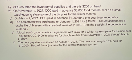 a) CCC counted the inventory of supplies and there is $200 on hand. b) On November 1, 2021, CCC paid in advance $3,000 for 4