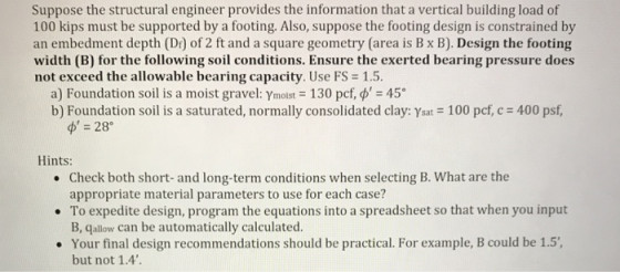 Suppose the structural engineer provides the information that a vertical building load of 100 kips must be supported by a foo