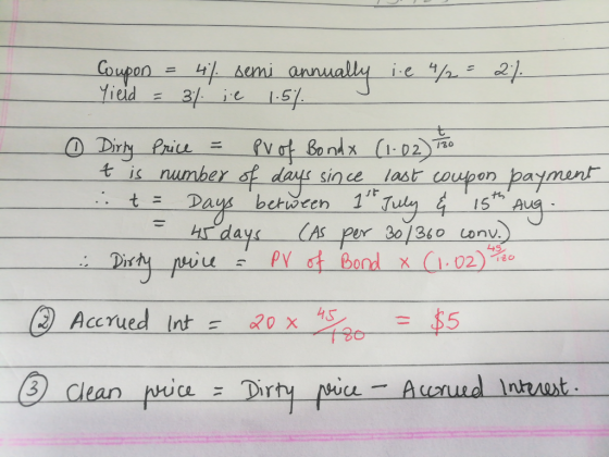 Coupon = 41 Leni aллиам і ч. 2 г). Yield = 31 ie 1.5% 0 Dirty Price = Prof Bondx (1.02) T20 t is number of days since last co