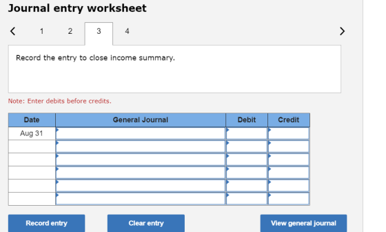 Journal entry worksheet 1 2 4 Record the entry to close income summary. Note: Enter debits before credits. Date General Journ