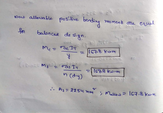 Now P = allowable positive bending moments are equal for balanced design. Mc = ac IT _ 1167.8 Kuom] (izon me I rastr t Knim.