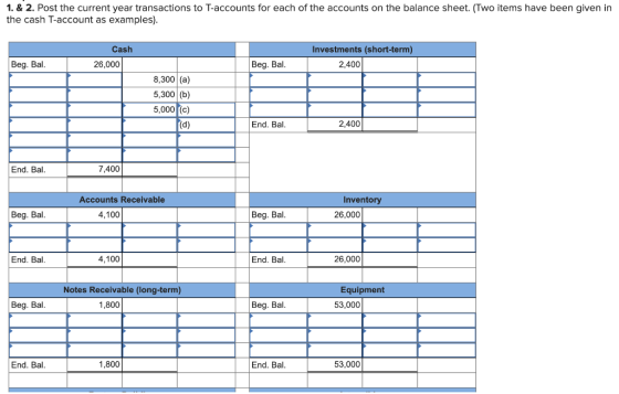 1. & 2. Post the current year transactions to T-accounts for each of the accounts on the balance sheet. (Two items have been