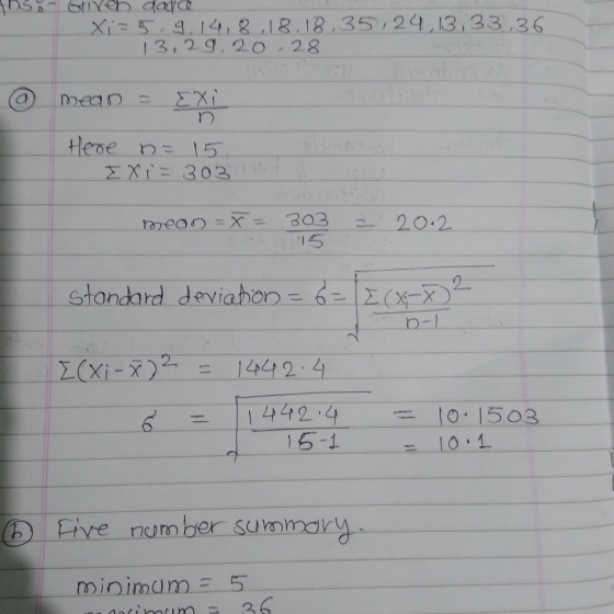 Xi5 , 14, 8 ,18,18,35 24,13 33 36 13,29.20 2g @-mean :. Σχί tHeoe n- 15 standard deviaton-delta-x) | 1 442,4 15-1 6 to 1503 Eive number summary minimum 5