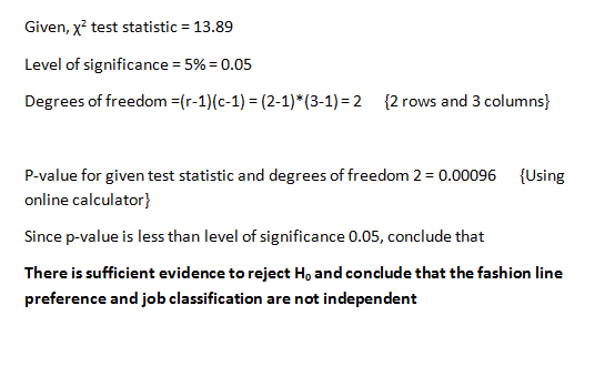Given, x test statistic = 13.89 Level of significance = 5% = 0.05 Degrees of freedom =(r-1)(c-1) = (2-1)*(3-1)=2 {2 rows and